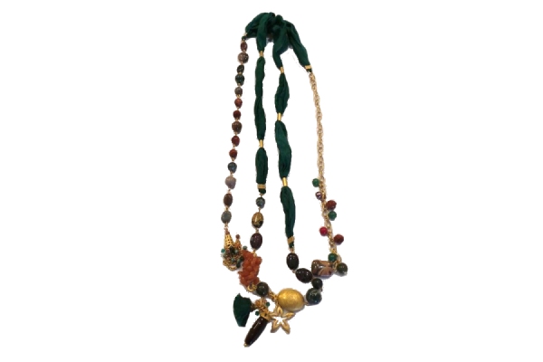 Ottoman Hands Fabric Necklace Gold Plated Brass and Silk with Semi Precious Beaded Detailing